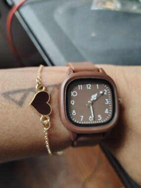 Brown Silicone Watch with Rounded Square Face + Bracelet